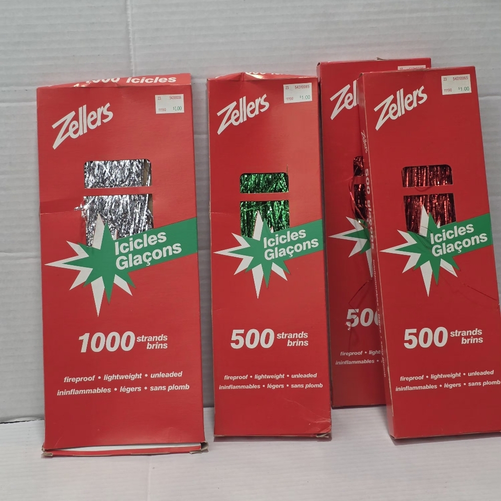 Vintage Zellers Icicles Fireproof Unleaded Silver Green & Red New In Box